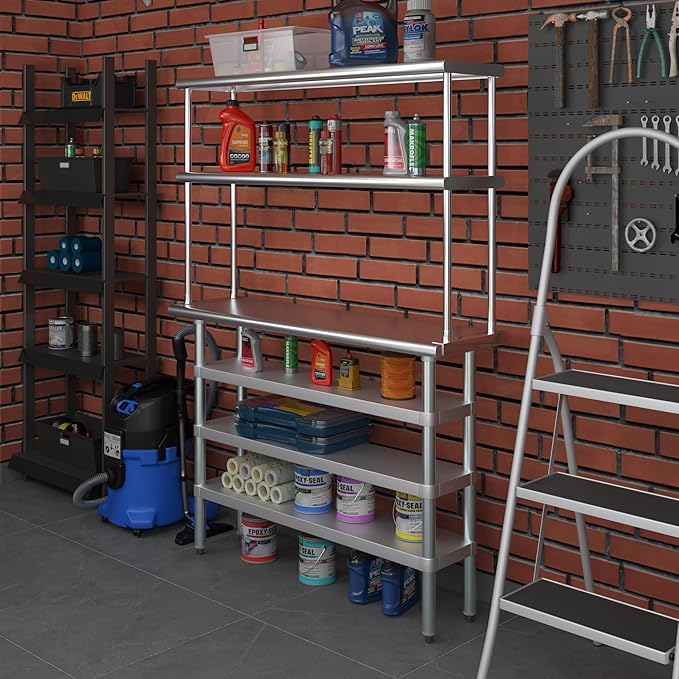 Amgood 14" x 48" Stainless Steel Work Table with 3 Shelves and 12" Wide Double Tier Overshelf | Metal Kitchen Prep Table & Shelving Combo | NSF