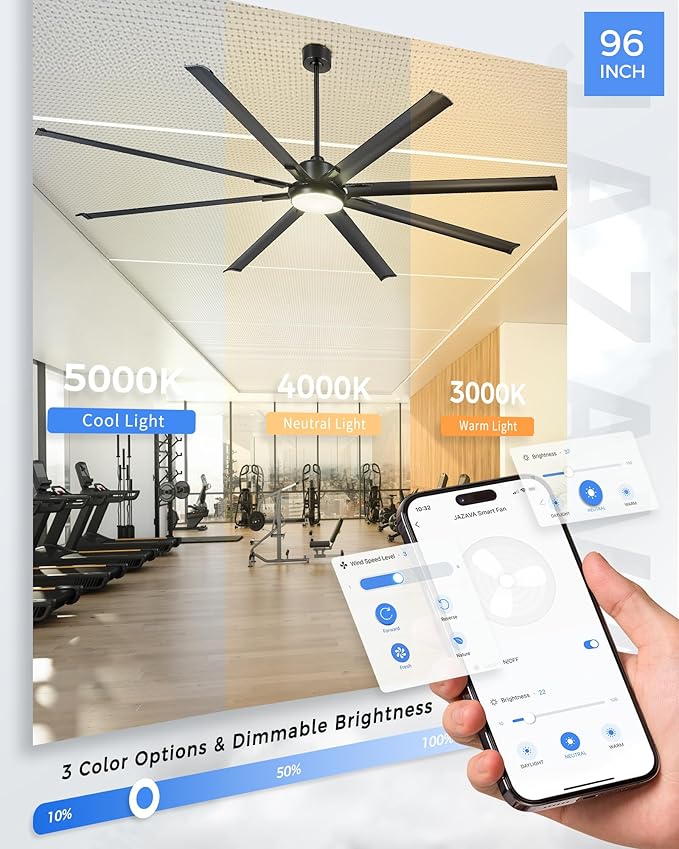 96-Inch Industrial Ceiling Fan with Lights and Remote - Extra Large Indoor/Outdoor Fan with 8 Aluminium Blades,Smart Fan Works with Voice Control,Model:ZCCF04BK-96
