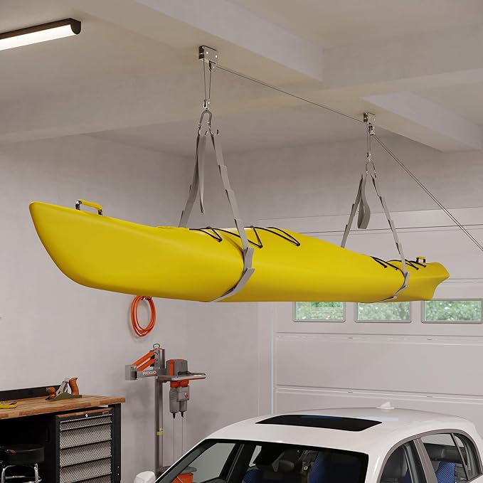RAD Sportz Kayak Storage Hoist - Overhead Pulley System with 125lb Capacity for Canoes, Bikes, Ladders, and More for Ceilings up to 12ft (Gray)