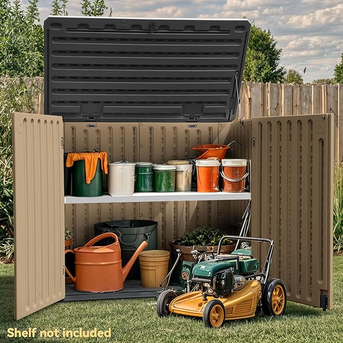 DWVO 35 Cuft Outdoor Horizontal Storage, Waterproof Resin Storage Shed with Floor and Multiple Accesses for Garden Tools, Easy Assembly, Brown (No Shelf Included)