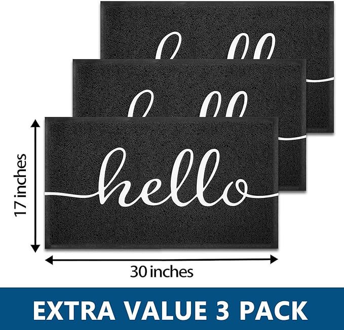 EARTHALL Door Mat 3-Pack Outside Inside Hello Doormat 30"x17.5" Durable Floor Mat Non Slip Rug Ultra Absorb Mud Easy Clean Front Doormat for Garage, Entryway, Patio, High Traffic Areas, Black