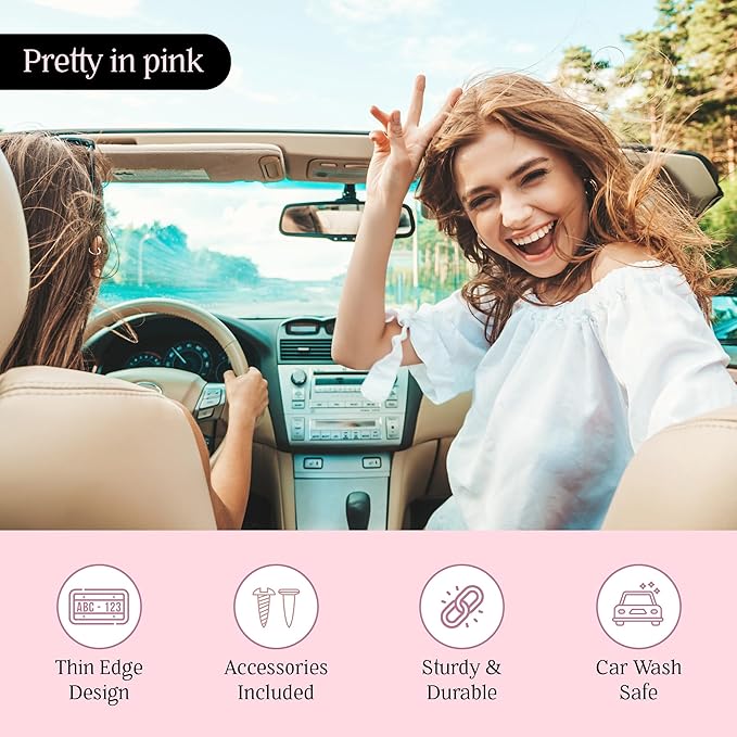 Premium Princess Pink License Plate Frames – 2 Pack, Rust-Free Stainless Steel, Street Legal, Rattle-Free, Universal Slim Design with Screw Covers, Durable Car Tag Holders for Women, Cute & Girly Gift