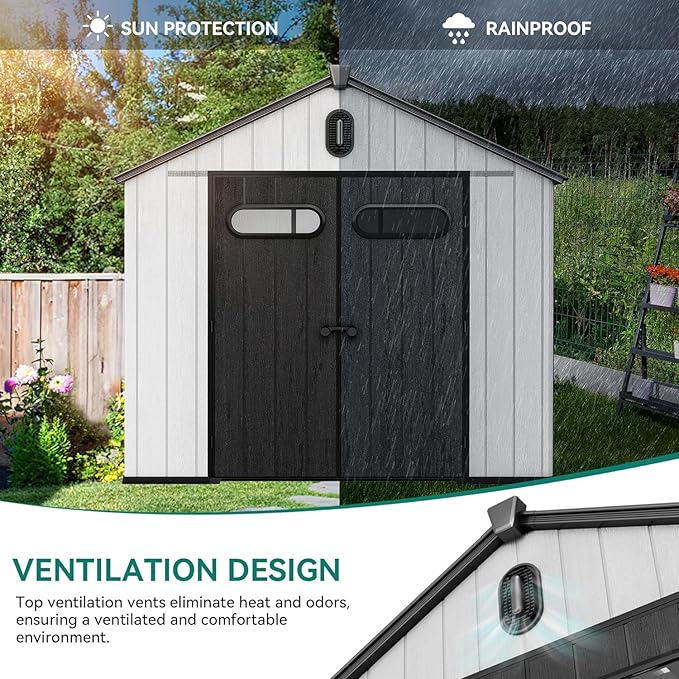 YITAHOME 8x8ft Resin Storage Structure, Outdoor 427 cuft Plastic Garden Storage Unit with Windows, Vents and Lockable Entrance, Waterproof Tool Organizer with Flooring for Lawn Equipment