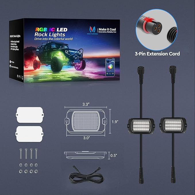 MICTUNING 2025 1000% Bright Q1 MAX RGB+IC Rock Lights, 2 Pods Chasing Dreamcolor Extensible Underglow Multicolor Neon Light Underbody Lighting Kit for Truck ATV UTV Boat (No Controller)