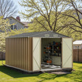 Patiowell 8x10 FT Outdoor Storage Shed with Floor Frame, Large Garden Tool Metal Shed with Sloping Roof and Double Lockable Door, Outdoor Shed for Backyard Garden Patio Lawn,Brown