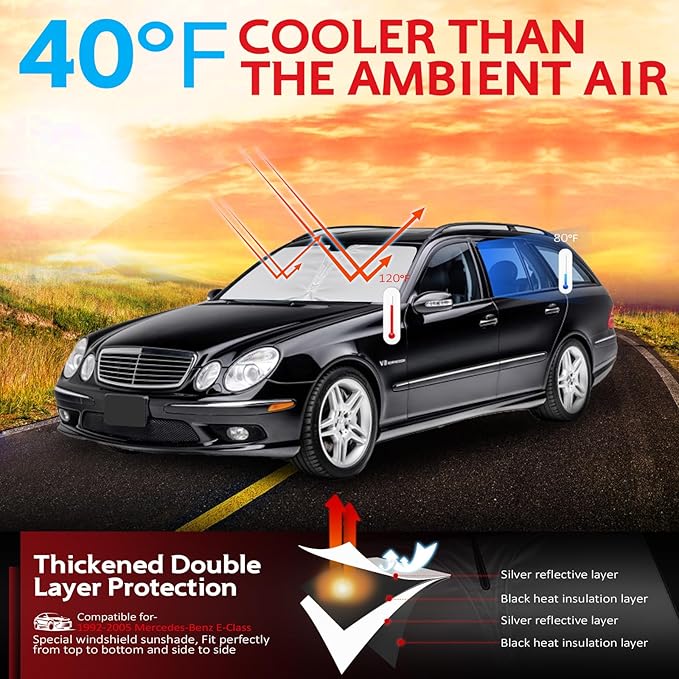 KAYZT Windshield Sun Shade for 1992-2005 Merce-des-Benz E Class E-Class E300 E320 E280 E420 E430 E500 Foldable Sunshade Front Window Custom Fit Car Accessories