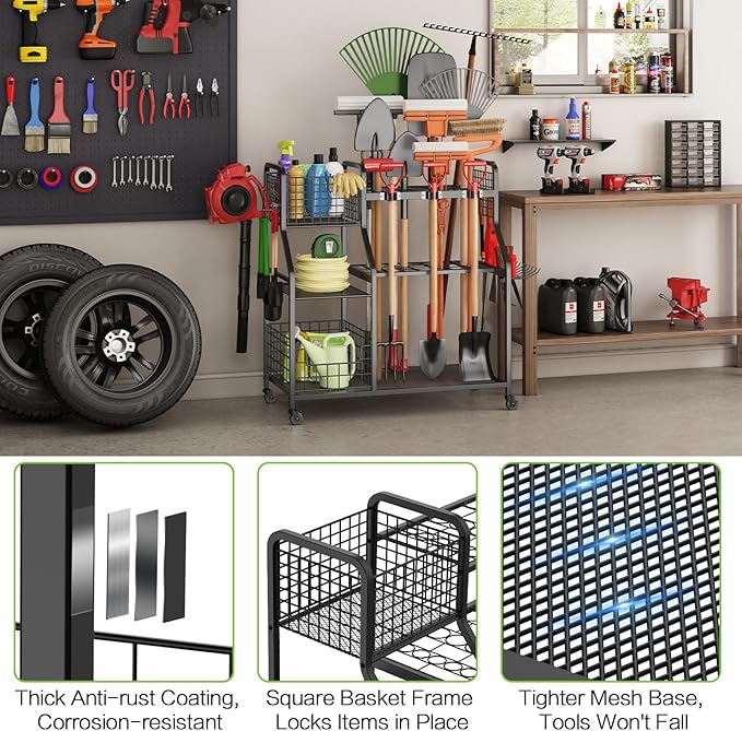 Garden Tool Organizer for Garage, 3 Tier Utility Yard Tool Organizer and Storage Holder with Wheels, Large Garden Tool Rack with Extra Storage Basket for Shed/Garage/Yard/Basement/Lawn