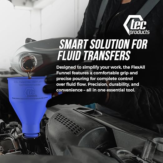 FlexAll Long Flexible Funnel for Automotive Use - Durable Nitrile Rubber - Ideal for Car Oil Change, Transmission Funnel Fluid, Diesel, Fuel, Gas - Made in USA - Blue (12 x 4 Inches)