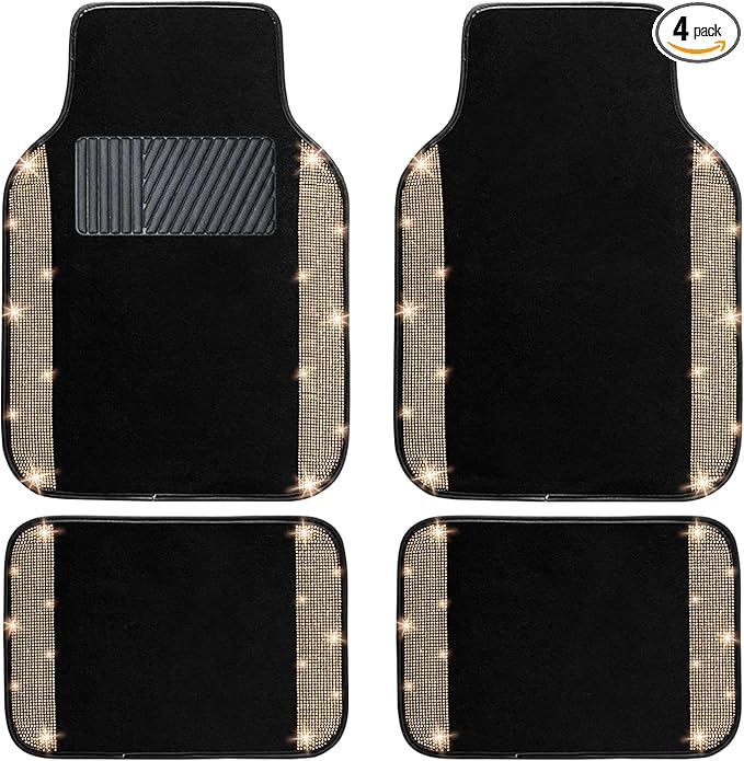 NBTEPEM Gold Bling Car Floor Mats Full Set, Universal Fit Most Cars,SUV, Trucks, 4 pcs Sparkle Glitter Diamond Carpet for Women Girls with Anti-Slip Pad (Gold Diamond)