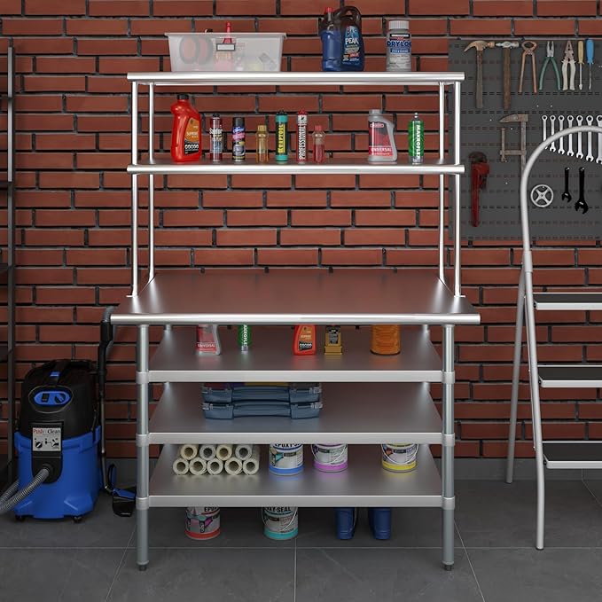 Amgood 30" x 48" Stainless Steel Work Table with 3 Shelves and 18" Wide Double Tier Overshelf | Metal Kitchen Prep Table & Shelving Combo | NSF