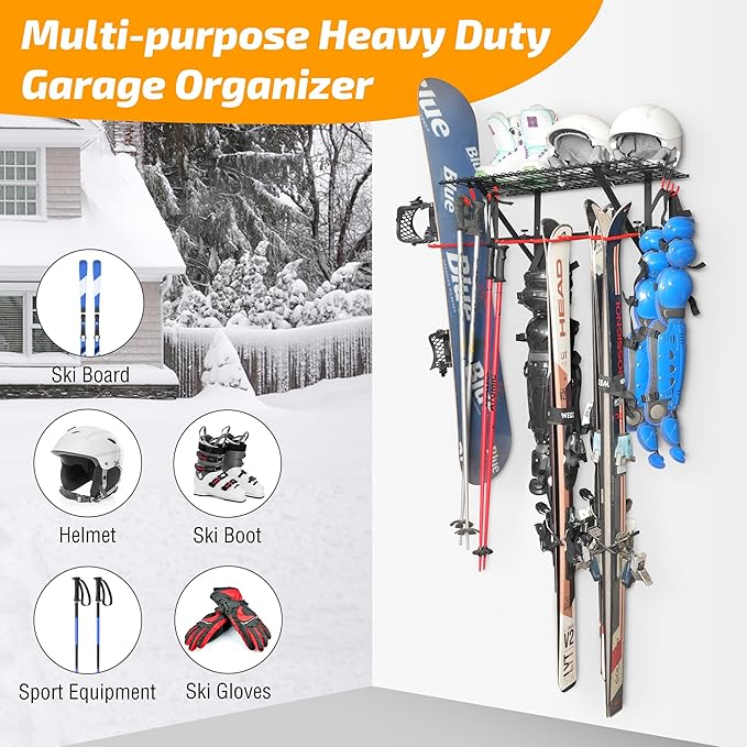 PLKOW Wall-Mounted Ski Rack, Skis Storage Rack for Garage Shed with Top Storage Shelf, Customizable Spacing, Supports Up to 280 lbs, Steel