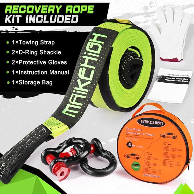 MAIKEHIGH Tow Strap Heavy Duty with Hooks, 2"×16ft (22,000Lbs) Recovery Strap with D-Ring Shackles (2pcs) + Protective Gloves (2pcs), Tow Rope for Car Truck SUV ATV (Green)