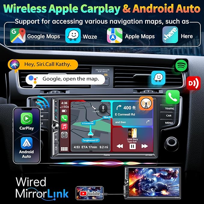 Double Din Car Stereo with Wireless Apple CarPlay and Android Auto, Bluetooth 5.3 Car Play, Mirrorlink, 7" HD Touchscreen, Backup Camera, 240W 4.2 CHN 2 Subwoofers Outputs, AM/FM Car Radio