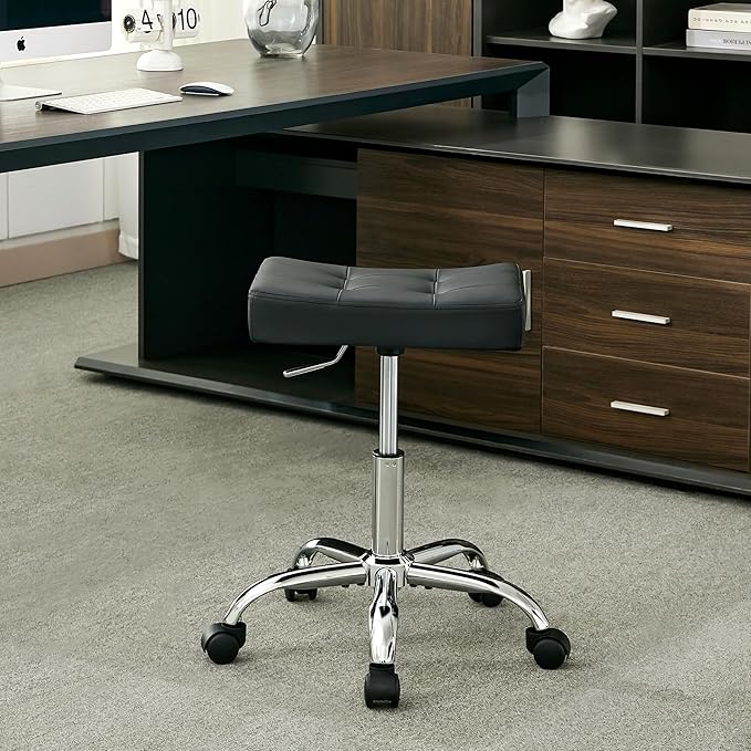 Office Stool with Wheels (300lbs Capacity) (Adjustable Height 17-21 inch) Black Faux Leather Workbench Stool (Black)