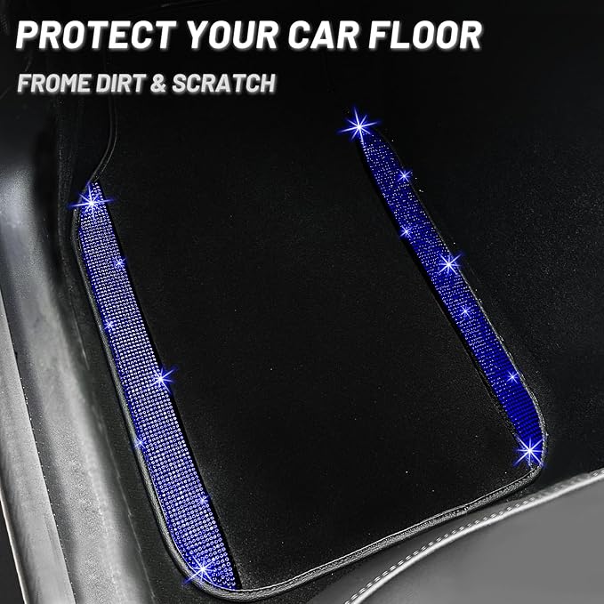 NBTEPEM Blue Bling Car Floor Mats Full Set, Universal Fit Most Cars,SUV, Trucks, 4 pcs Sparkle Glitter Diamond Carpet for Women Girls with Anti-Slip Pad (Blue Diamond)