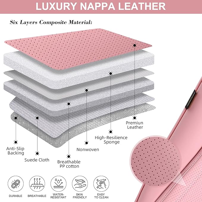 Car Seat Covers Full Set, Front and Rear Seat Covers for Cars, Waterproof Leather Auto Seat Protectors with Head Pillow, Car Seat Cushions Fit for Most Sedans SUV Pick-up Truck, Pink