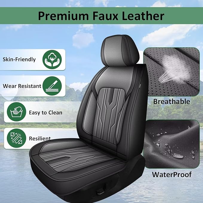YORKENIC Fit for Hyundai Kona Seat Covers Front Set 2018-2024 2025: Breathable Leather Car Seat Covers Compatible Airbag (2 Front Set, Black & Grey)