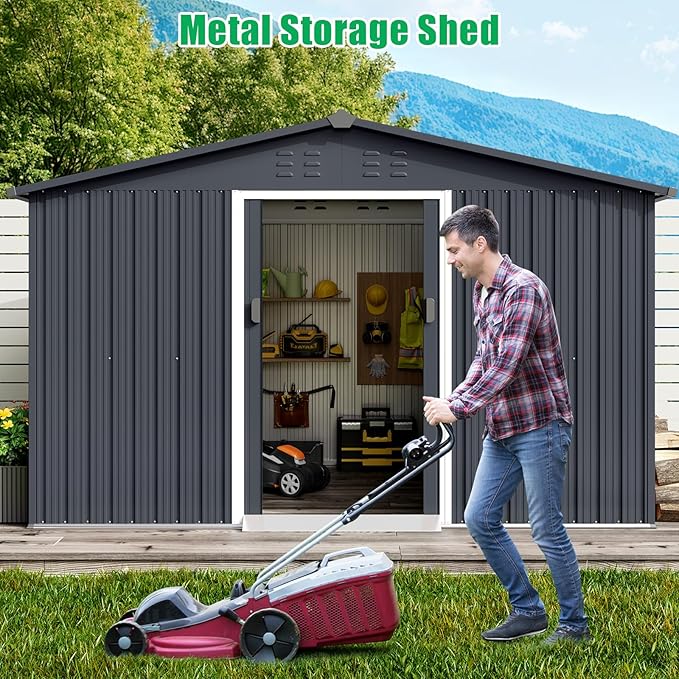 Outdoor Storage Shed 12 x 10 Ft, Outdoor Tool Metal Shed with Lockable Door, Air Vents and Sloping Roof, Metal Aluminum Waterproof Tool Sheds for Yard, Garden, Patio, Garage, Lawn, Gray