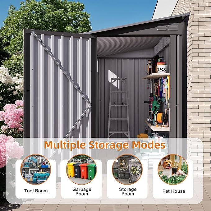 4 x 9 FT Lean to Shed with Windows, Metal Sheds & Outdoor Storage with 2 Vents and 1 Side Open Door, Outdoor Storage Shed Waterproof for Backyard, Garden, Patio, Gray