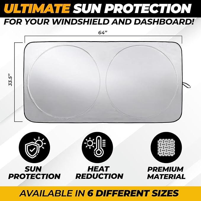 Windshield Sun Shade for Car, SUV & Truck – Patented Design Blocks 99% UV Rays & Heat | 240T Reflective Polyester Sunshade with Storage Bag | Keeps Vehicle Interior Cool | Universal Fit (64" x 33.5")