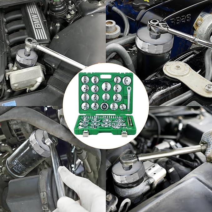 Auto Oil Filter Socket Wrench Set, Cup Type 1/2 inch Drive Cap Removal Tool, with Drain Plug Socket Set/Adjustable/Drive, Compatible, all Models Car, SUV, Oil Filter (58, GREEN)