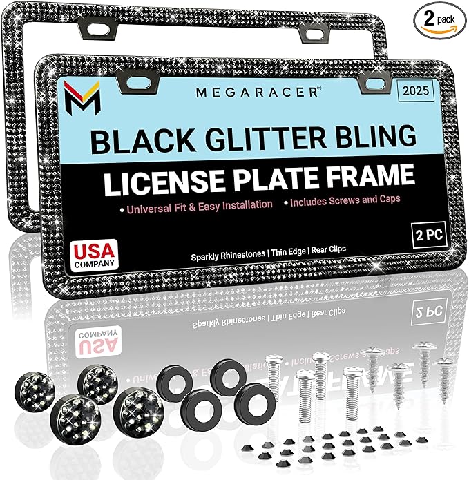 Elegant Bling License Plate Frames for Women - 2 Pack, 1600 Premium Black Rhinestones, Rust-Free Stainless Steel, Street Legal Slim Design, Sparkly Diamond Car Tag Holders with Glitter Crystal Covers