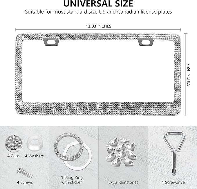 2 Pack Silver Bling License Plate Frames for Women - Stainless Steel with Diamond Sparkly Rhinestone License Plate Holder - Perfect Birthday for Auto Lovers
