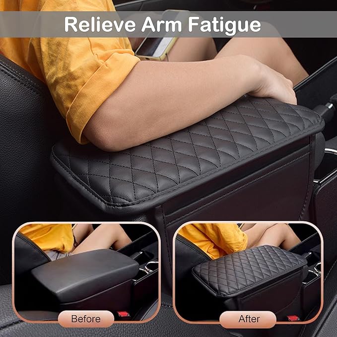 Car Center Console Cover, Upgraded Leather Armrest Seat Box Cover with 2 Storage Bags, Universal Waterproof Car Armrest Cover Cushion Comfortable Car Decor Accessories for Most Vehicles (Beige)
