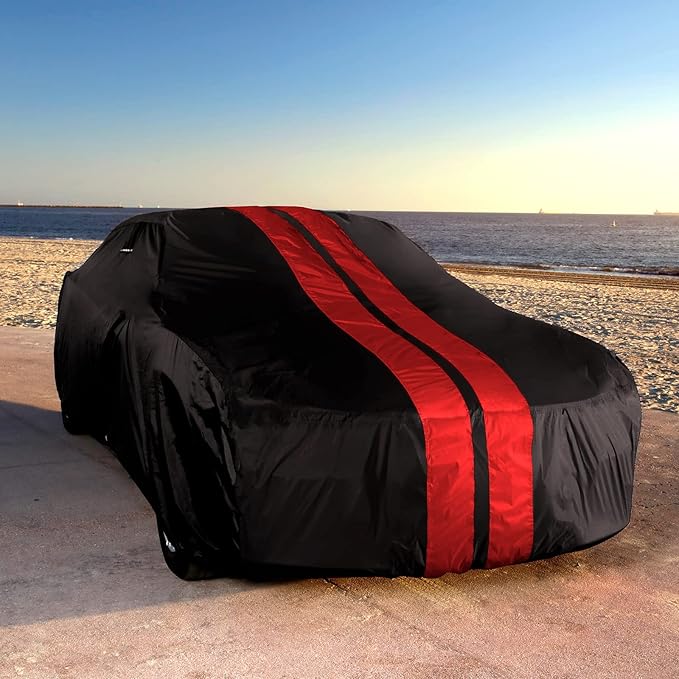 iCarCover Custom Car Cover for 1974-1978 Ford Mustang Waterproof All Weather Rain Snow UV Sun Protector Full Exterior Indoor Outdoor Car Cover (Stripe - Black/Red)