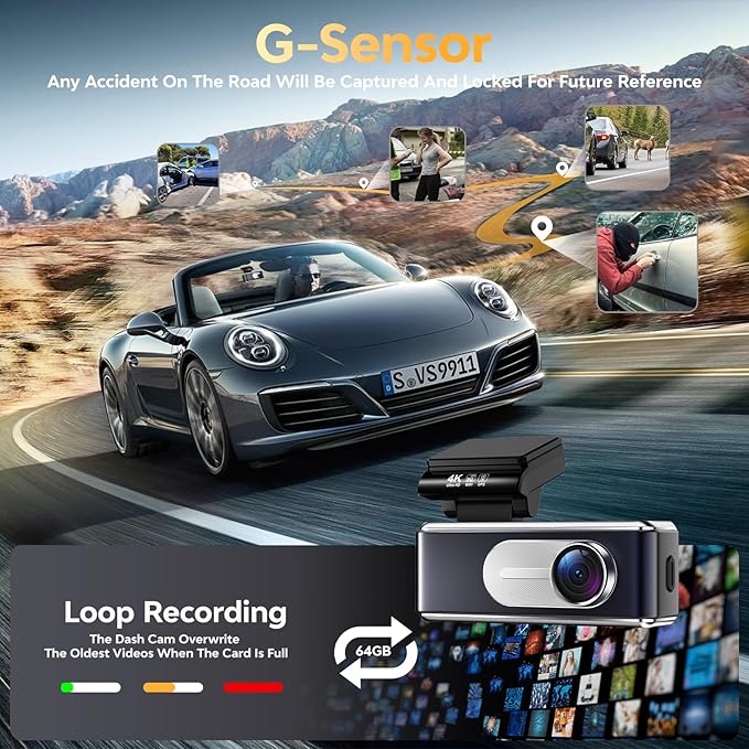 Dash Cam Front and Rear - 4K HD Dual Dash Camera for Cars, Built-in 5G WiFi GPS, 64GB Card, Dashcam with 3.2" IPS Screen, UHD Night Vision, HDR, App Control, 24H Parking Monitor