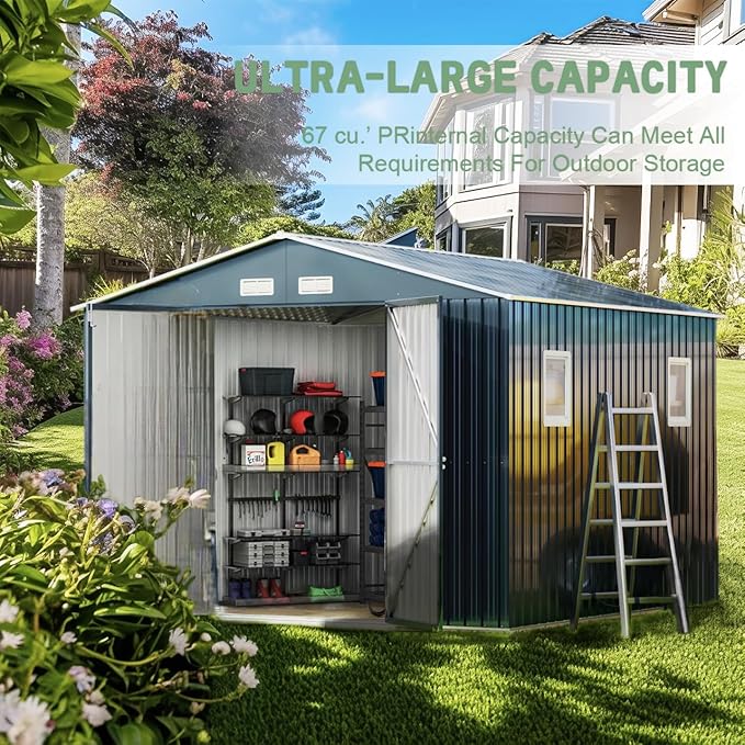 Breezz Outdoor Storage Shed 10X10FT. Utility Tool Shed Metal Storage Garden Shed with Lockable Doors, Windows & Metal Frame Floor for Patio Storage, Nightblue