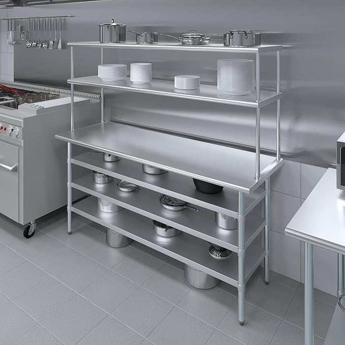 Amgood 24" x 72" Stainless Steel Work Table with 3 Shelves and 18" Wide Double Tier Overshelf | Metal Kitchen Prep Table & Shelving Combo | NSF