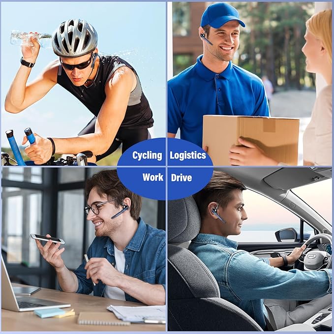 Bluetooth Headset, Wireless Bluetooth 5.3 Earpiece, 90Hrs Hands Free Headset with APTX HD Audio & Mute Button, Dual Noise Cancelling Mics, Single-Ear Headphone for Trucker/Business/Gym/Blue