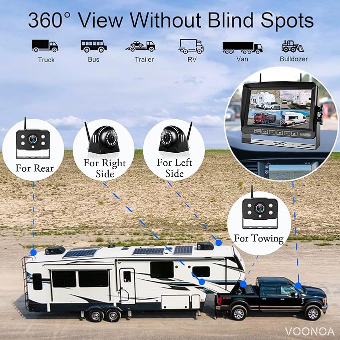 1080P Wireless RV Camera System, IP69 Waterproof Night Vision Backup Camera Side Rear View Camera with 7 Inch HD Monitor for RV Truck Trailer Camper