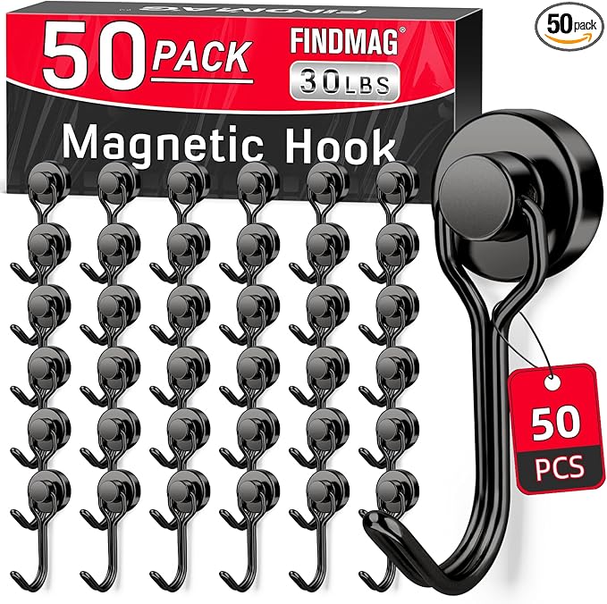 FINDMAG 50 Pack Magnetic Hooks, 30lbs+ Magnetic Hooks Heavy Duty for Cruise, Strong Magnet Hooks for Fridge, Neodymium Magnets with Hooks for Kitchen, Grill, Home, Garage, Toolbox (Black)