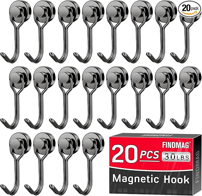 FINDMAG Black Magnetic Hooks, 30lbs+ Strong Magnetic Hooks for Refrigerator, 2025 Cruise Ship Essentials, Swivel Swing Magnet Hooks for Garage, Home Organizaton, Whiteboard, Office Supplies - 20 Pack