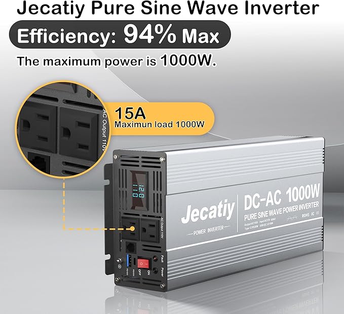 2AC 1000W Pure Sine Wave Inverter, Convert DC 12V to AC 110V 120V, 18W USB, and 30W Type-C Charging Ports, Car Solar Power Inverters for Truck, Home, Vehicles, RV