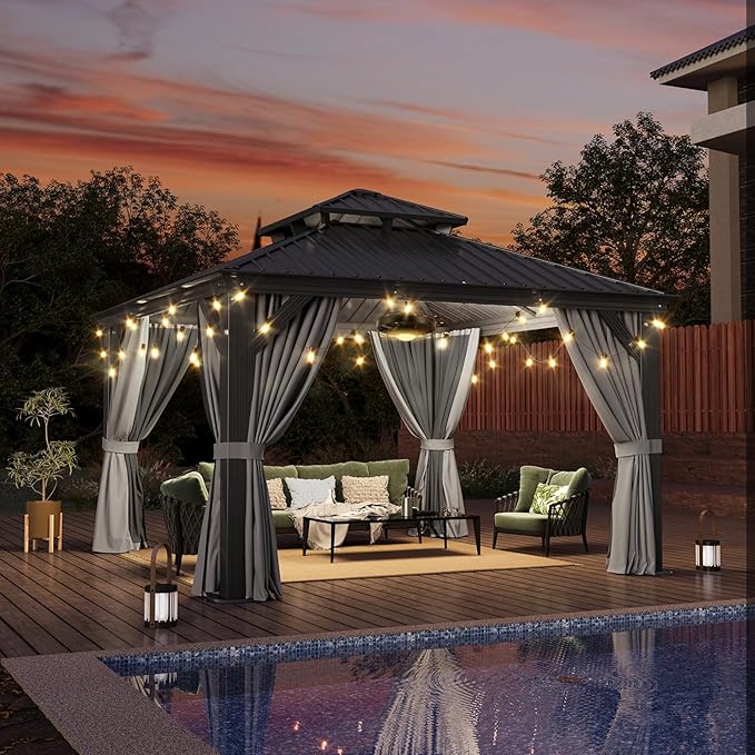 Aoxun 12' X 12' Hardtop Gazebo with Drainage System, Aluminum Outdoor Gazebo with Galvanized Steel Double Roof, Patio Permanent Metal Pavilion with 20 inch Ceiling Fan, for Garden, Deck, Grey