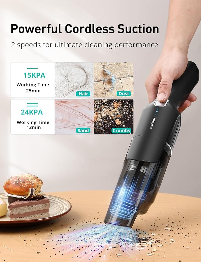 Aspiron Cordless Handheld Vacuum, 24KPA Powerful Car Vacuum, Rechargeable, Charging Dock, Ergonomic Handle, 2-in-1 Crevice Tool, 1.8lb Portable Vacuum Cleaner with 2-Speed for Car, Home, Black Silver