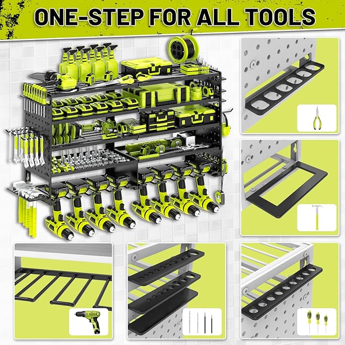 5 Layers Power Tool Organizer Wall Mount, Metal Cordless Tool Storage Rack Holder with 8 Drill Holders, Heavy Duty Garage Wall Tool Shelf for Workshop Tool Room Men Husband Father Gift Black