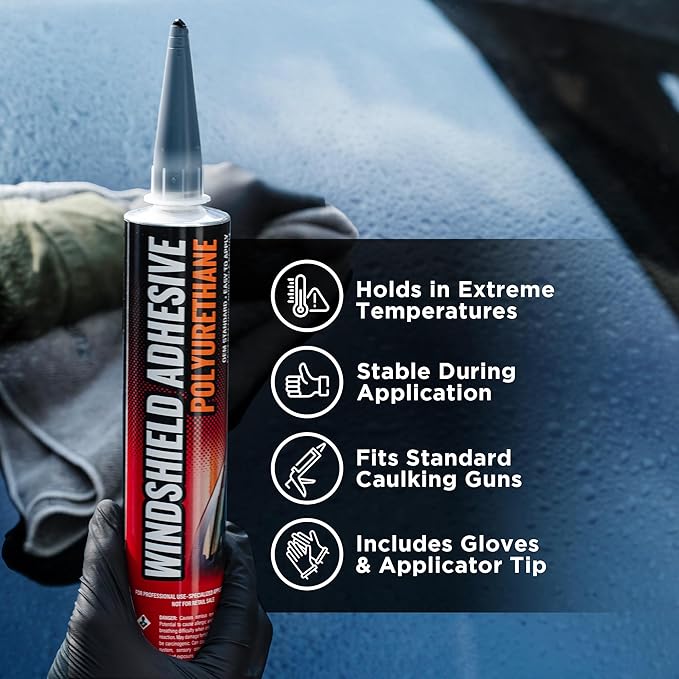 Polyurethane Windshield Adhesive - Quick Curing & Weather Resistant Auto Glass Adhesive, Vertical & Overhead Application, Windshield Repair Kit with Gloves, Applicator Tip & Cartridge - 310ml Black