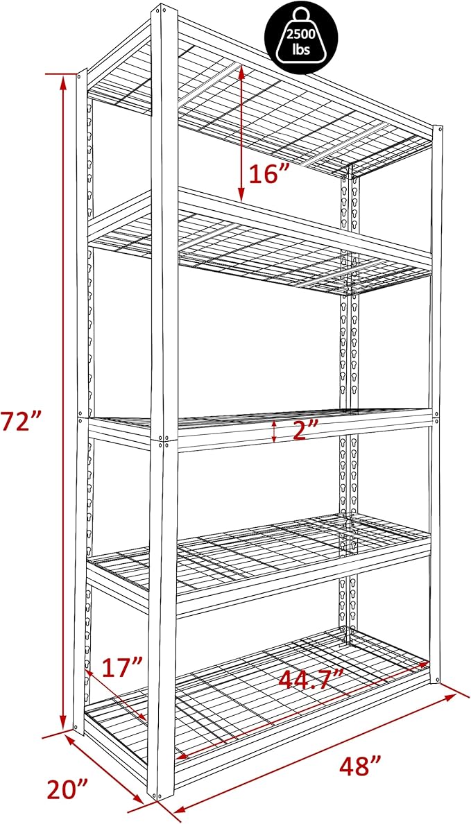 MUPATER 48" W x 20" D x 72" H Metal Storage Shelves, Garage Shelving Unit, Standing Utility Shelf Racks, 5 Tier Shelves and Adjustable Shelves for Garage Kitchen Warehouse