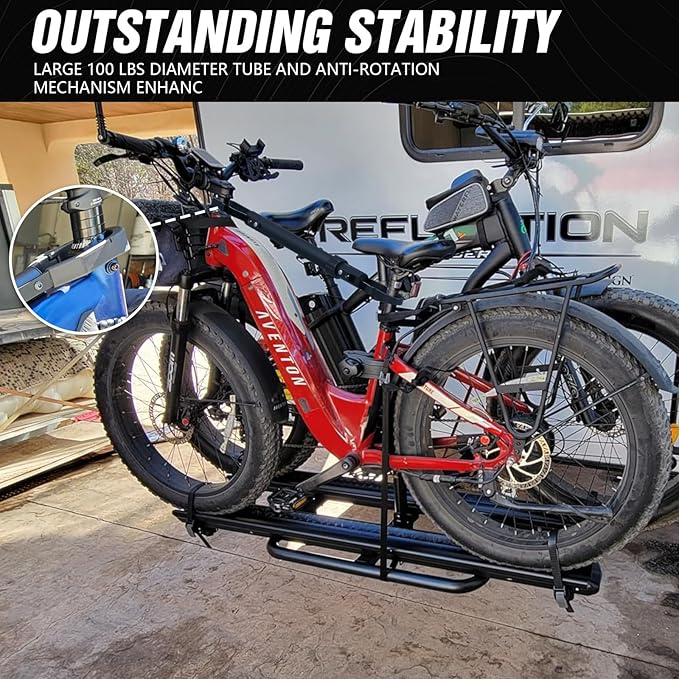 200 LBS Capacity 2 EBike Rack with Cross Bar, 5" Fat Tire Carrier with Ramp, Lockable & Foldable Electric Bicycle Racks, Bike Racks Platform Fits 2" Standard Hitch for SUVs Cars Trucks Vans