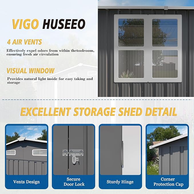 10x14x6.7FT Outdoor Storage Shed, Galvanized Steel Garden Shed with Lockable Door & Window, Waterproof Metal Tool Storage for Garden, Backyard, Patio, Lawn(Grey)