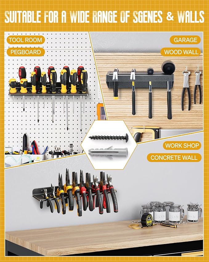 Wall Mount Screwdriver Organizer, Pliers Holder, Hammer Rack, 3PCS Alloy Steel Hand Tool Storage Organizer for Garage Workshop