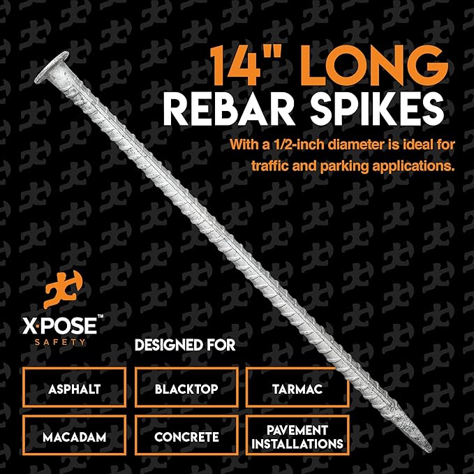 Heavy Duty Rebar Stakes 14" - 1/2" Diameter Threaded Galvanized Steel Spikes – 4 Pack Metal Ground Stakes for Speed Bumps & Wheel Stops – Support Estacas de Metal – Durable Asphalt Surface