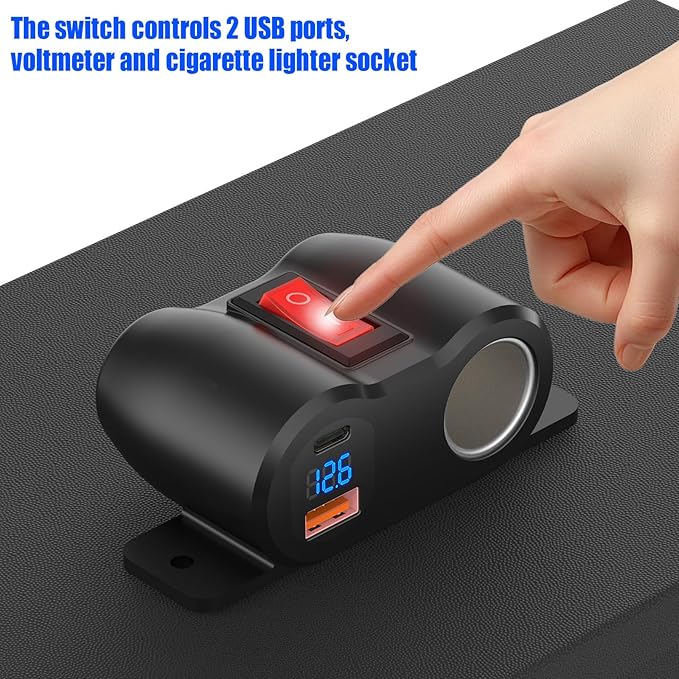 2-in-1 Surface Mount 12V USB Outlet Cigarette Lighter Socket, PD 30W and QC18W Car USB Port Car Charger with Button Switch LED Voltmeter and 120W Socket, Suitable for Cars, Boats, RVs and ATVs