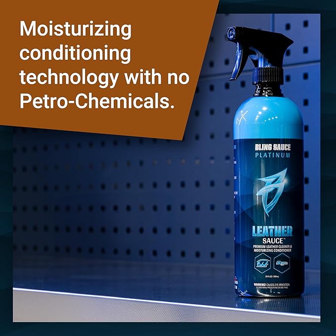 Bling Sauce Platinum: Leather Sauce, 2 in 1 Cleaner and Conditioner for Interior Leather Surfaces, Cars, Trucks, Motorcycles. Nourish Your Leather without the Greasy Look/Feel, Spray On-Wipe Off. 24oz