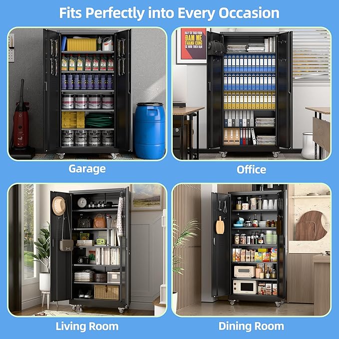 Metal Garage Storage Cabinet with Wheels and Pegboard 71'' x 34'' x 18'', Lockable Rolling Steel Cabinet with 5 Adjustable Shelves and Door for Garage, Office, Kitchen, Assembly Required(Black)
