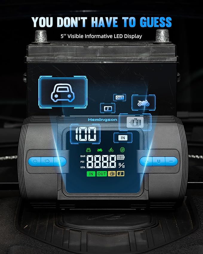 Jump Starter with Air Compressor, 3000A 160PSI Car Battery Jump Starter for 9.0L Gas & 8.0L Diesel Engines, 12V Portable Car Jumper with LCD Display & 4-Mode LED Flashlight